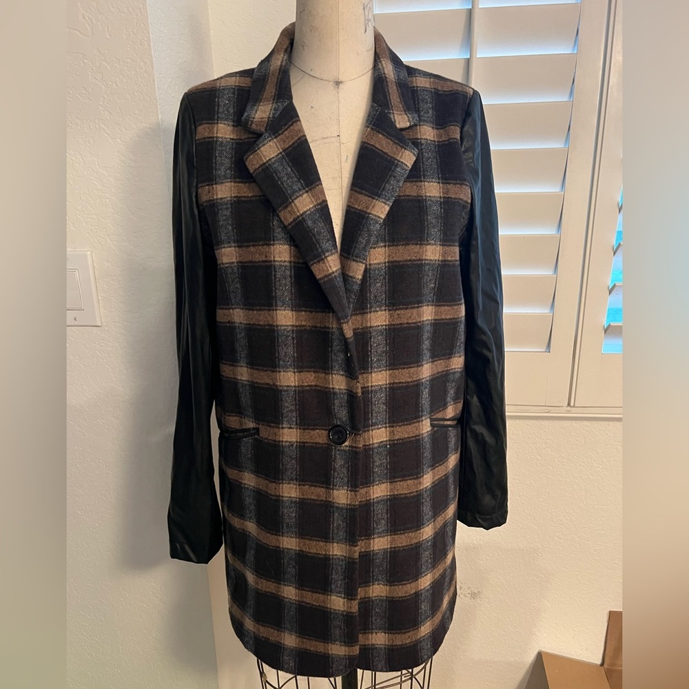 Plaid coat with pleather sleeves